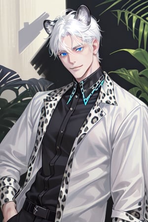 Boy with white hair, blue eyes, with leopard ears, black shirt, half smiling