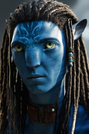 Na’vi, Avatar, dreads, white blank background, pale lighting, concept art, low saturation, alien, jewlrey, portrait, lots of details, pale yellow eyes, blue skin, 4k, 8k, freckles, close up, AVATAR-OME