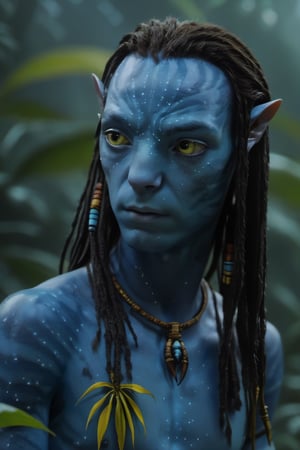 Miles "Spider" Socorro as a Na'vi, raining, rainforest, alien plants, blue_skin, yellow_eyes, male na'vi, beautiful na'vi, portrait view, talking, hyper realistic, extreme details, detailed skin, 4k quality, HD quality, Lo'ak, Neteyam, movie scene,Read description,ADD MORE DETAIL