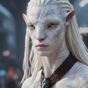 An albino Na'vi, male, ((white_skin)), ((albinism)), ((white_hair)), pale (barely visible) stripes, white color palette, beautiful na'vi, action scene, portrait view, realistic_eyes, hyper_realistic, extreme details, HDR, 4k quality, perfect quality, perfect image, HD quality, movie scene,Read description,ADD MORE DETAIL