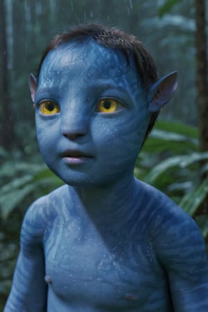 beautiful na’vi, alien, baby, blue skin, colored skin, pointed ears, freckles, soft yellow eyes, bald, skin details, forest background, night time, glowing freckles, raining,  visual dictionary, More Reasonable Details