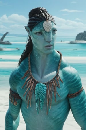 Beautiful na’vi, ((Jacob Elordi)), male, teal green skin, skin texture, braided hair, freckles, angry, jewelry, ((sunny beach:background)), movie scene, detailed, hdr, high quality, movie still, ADD MORE DETAIL