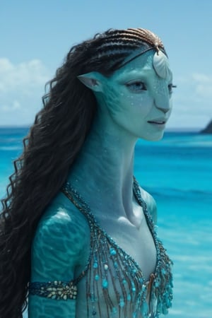 Beautiful na’vi,((Emmy Rossum)), female, aqua skin, jewelry, (( beach:background)), ((closeup)), movie scene, freckles, detailed, hdr, high quality, movie still, tail, skin detail,ADD MORE DETAIL