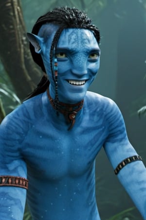 Lo’ak, na’vi, blue skin, freckles, black braids, tribal jewelry, male, 1boy, in jungle, smiling, upper body, tail, realistic_eyes, skin details, extreme details, HDR, HD resolution, movie scene, movie still