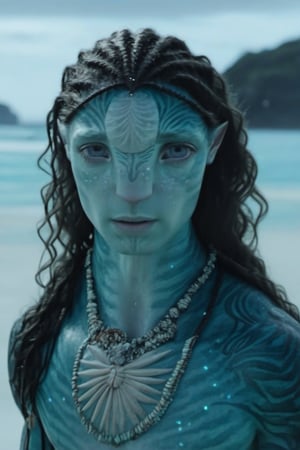 Beautiful na’vi,((Timothee Chalamet)), tattoo, closeup, male, aqua skin, skin texture, long hair, freckles, jewelry, ((gloomy beach:background)), movie scene, detailed, hdr, high quality, movie still, ADD MORE DETAIL