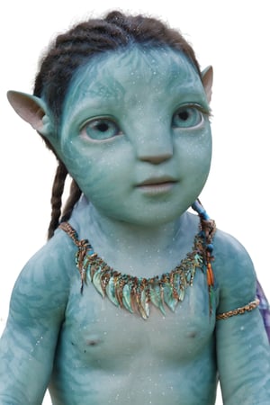 beautiful na’vi, metkayina, alien, baby, turqoise skin, colored skin, pointed ears, freckles, soft blue eyes, bald, skin details, blank white background, visual dictionary, More Reasonable Details