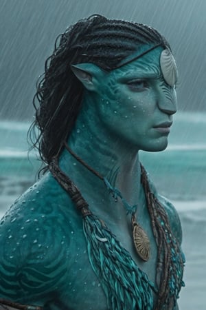 Beautiful na’vi, ((Jacob Elordi)), male, 1male, teal green skin, skin texture, tattoo, braided hair, face closeup, freckles, angry, jewelry, ((rainy beach:background)), movie scene, detailed, hdr, high quality, movie still, ADD MORE DETAIL