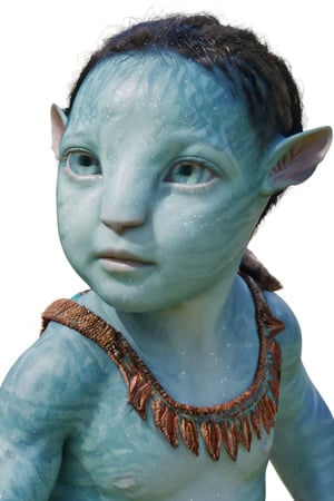 beautiful na’vi, metkayina, alien, baby, turqoise skin, colored skin, pointed ears, freckles, soft blue eyes, bald, skin details, blank white background, visual dictionary, More Reasonable Details