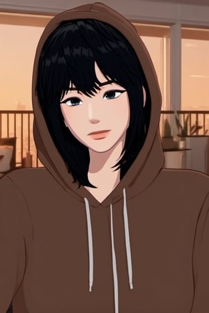 PLAVE, K-pop, female, black hair, brown hoodie, penthouse background, cute, black eyes, cell shaded, 3D model