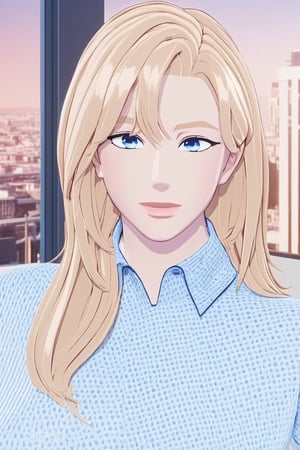 PLAVE, K-pop, female, blonde hair with side part, blouse, penthouse background, cute, blue eyes eyes, cell shaded, 3D model