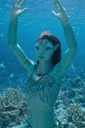 beautiful na’vi, alien, female, aqua green skin, colored skin, pointed ears, freckles, soft blue eyes, short wavy hair, skin details, tribal jewelry, underwater, swimming, arms up, coral, More Reasonable Details