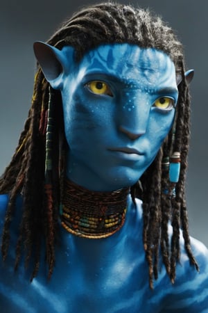 Na’vi, Avatar, dreads, white blank background, alien, jewlrey, portrait, lots of details, pale yellow eyes, blue skin, 4k, 8k, freckles, close up, AVATAR-OME