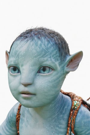 beautiful na’vi, alien, baby, turqoise skin, colored skin, pointed ears, freckles, soft blue eyes, bald, skin details, blank white background, visual dictionary, More Reasonable Details