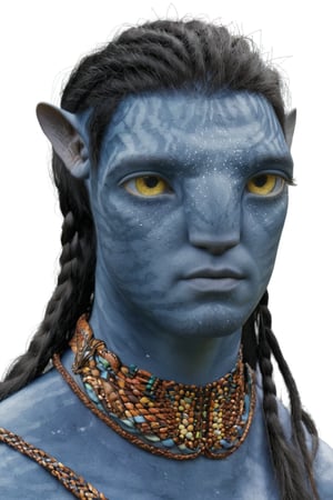 na’vi, alien, male, blue skin, colored skin, pointed ears, freckles, light yellow eyes, braided black hair, tribal jewelry, skin details, bust shot, blank white background, visual dictionary, More Reasonable Details