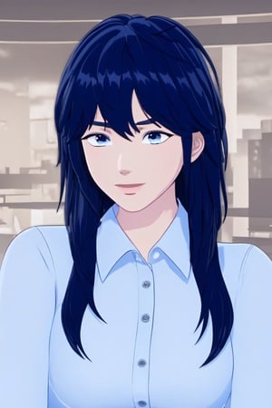 PLAVE, K-pop, female, dark blue hair, pastel blue button down penthouse background, cute, blue_eyes, cell shaded, 3D model