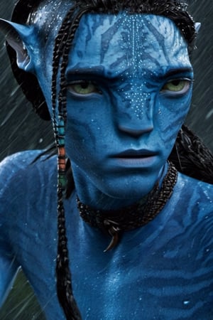 Lo’ak, na’vi, blue skin, freckles, black braids, tribal jewelry, male, 1boy, in rainy jungle, upper body, tail, realistic_eyes, skin details, extreme details, HDR, HD resolution, movie scene, movie still