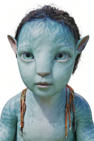 beautiful na’vi, alien, baby, turqoise skin, colored skin, pointed ears, freckles, soft blue eyes, bald, skin details, blank white background, visual dictionary, More Reasonable Details