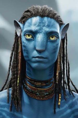 Na’vi, Avatar, dreads, white blank background, pale lighting, low saturation, alien, jewlrey, portrait, lots of details, pale yellow eyes, blue skin, 4k, 8k, freckles, close up, AVATAR-OME