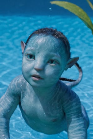 beautiful na’vi, alien, baby, turqoise skin, colored skin, pointed ears, freckles, soft blue eyes, bald, skin details, partially submerged in water, wet skin, visual dictionary, More Reasonable Details