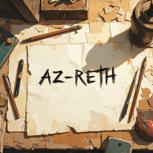 Letters "AZ-RETH" scribbled on an old paper, table