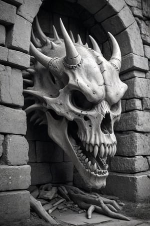 embedded buried in stone wall a huge dragon skull pencil sketch scribble style