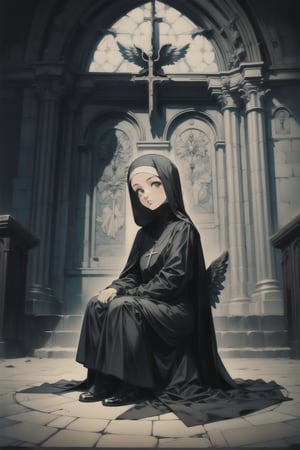 portrait,black hair angel, ,retro artstyle,illustration,nodf_lora, sitting_down,nun,church