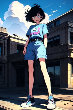 1girl, solo, looking at viewer, short hair, open mouth, bangs, black hair, brown eyes, standing, full body, short sleeves, outdoors, sky, shoes, day, belt, cloud, blue sky, bare legs, shadow, white footwear, building, sneakers,midjourney,90s