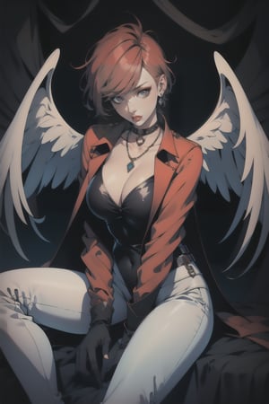1girl, solo, breasts, looking at viewer, short hair, bangs, large breasts, black hair, gloves, long sleeves, cleavage, jewelry, sitting, collarbone, jacket, red hair, earrings, open clothes, wings, choker, black gloves, pants, necklace, collar, leotard, open jacket, grey eyes, makeup, black choker, lipstick, red jacket, between legs, cropped jacket, hand between legs, white pants, white wings, red lips