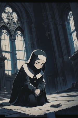 portrait,black hair,retro artstyle,illustration,nodf_lora, praying,evil_nun,church, on_knees