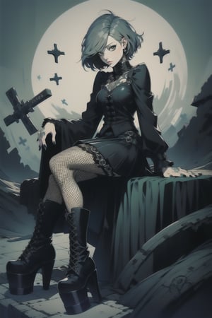 1girl, solo, short hair, skirt, green hair, jewelry, sitting, boots, nail polish, black footwear, high heels, tattoo, fishnets, black nails, spikes, cross-laced footwear, lace-up boots, platform footwear, gothic, full-body_portrait,portrait,illustration