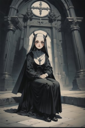 portrait,black hair angel, ,retro artstyle,illustration,nodf_lora, sitting_down,nun,church,horns,evil