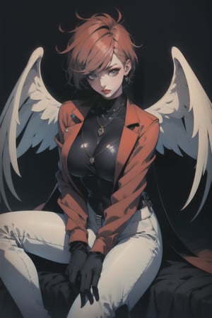 1girl, solo, breasts, looking at viewer, short hair, bangs, large breasts, black hair, gloves, long sleeves, cleavage, jewelry, sitting, collarbone, jacket, red hair, earrings, open clothes, wings, choker, black gloves, pants, necklace, collar, leotard, open jacket, grey eyes, makeup, black choker, lipstick, red jacket, between legs, cropped jacket, hand between legs, white pants, white wings, red lips, matt, grainy texture 
