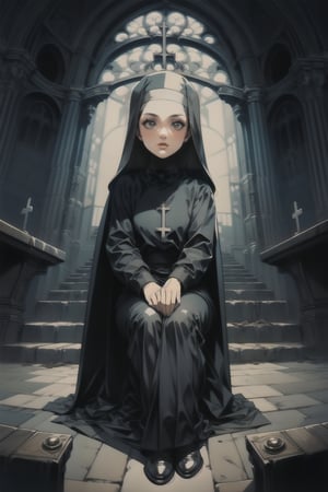 portrait,black hair,retro artstyle,illustration,nodf_lora, sitting_down,nun,church