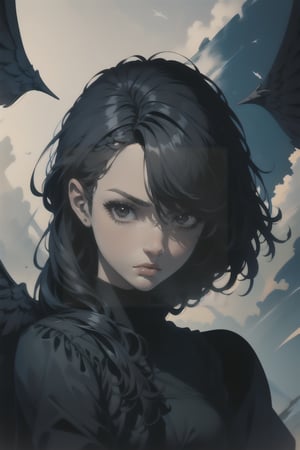 portrait, windy, dark_skin_female, black wing angel, blackhair,braided_hair,sad_face 