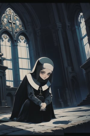 portrait,black hair,retro artstyle,illustration,nodf_lora, praying,evil_nun,church, on_knees
