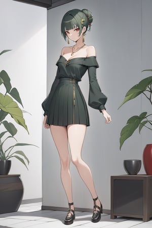 masterpiece, best quality, 1girl, solo, looking at viewer, bangs, MAOMAO,DARK GREEN HAIR,BLUE EYES,HAIR ORNAMENT, HAIR BUN, EARRINGS,EARRINGS,GOLD NECKLACE,RED EYE SHADOW,marumoru_style,isatis_style, standing, off_shoulders , small breats, full body