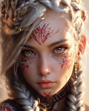 (masterpiece, realistic:1.5), 1girl, solo, looking at viewer, lips, portrait, close-up, braid, long hair, white hair, closed mouth, brown eyes, eyelashes, facial tattoo, nose, tattoo, facial mark, serious, single braid 