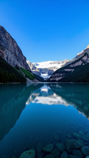 This is a high-resolution photograph capturing a serene, reflective lake surrounded by towering mountains under a clear, blue sky. The lake is calm, with its surface mirroring the majestic peaks and valleys of the mountain range. The mountains are snow-capped, indicating a high elevation, and their jagged, rocky terrain contrasts with the lush green forest that covers the lower slopes. The forest, a dense, dark green, stretches along the lake's shore, adding depth and texture to the scene. The water is crystal clear, revealing the rocky bottom of the lake, which is visible through the shallow areas. The reflection of the mountains and trees in the lake is near-perfect, creating a symmetrical and harmonious composition. The overall atmosphere of the photograph is tranquil and awe-inspiring, capturing the beauty and grandeur of nature in a pristine, untouched landscape. The colors are vivid and natural, with the blues of the sky and water complementing the greens of the forest and the whites of the snow. The image is likely taken during the day, as there are no shadows or indications of artificial light.
