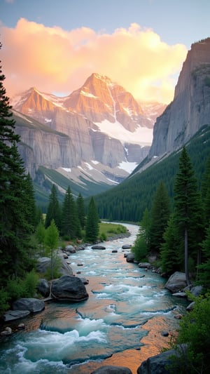 "an awe-inspiring view of a US national park, featuring towering mountains in the background, lush green forests, and a crystal-clear river flowing through the center. The sky is a gradient of warm sunset colors, with soft clouds adding depth to the scene. Wildlife like deer and birds are subtly visible, blending with the natural environment. The image should feel serene, balanced, and vibrant, with attention to detail in the textures of the rocks, trees, and water. Suitable for phone wallpaper with a vertical orientation."
