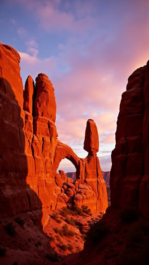 This photograph captures a breathtaking view of the iconic rock formations known as the "Mesa Arch" in Canyonlands National Park, Utah. The scene is dominated by towering, reddish-brown sandstone cliffs and buttes that rise dramatically from the foreground to the background. The foreground features a prominent, free-standing arch, known as Mesa Arch, which spans across the center-left of the image. This arch is a natural rock formation with a delicate, almost ethereal appearance, framed by the rugged, jagged cliffs that surround it.

The middle ground showcases a series of tall, vertical rock formations that create a striking contrast with the arch. These formations are layered with rich, earthy tones of orange, red, and brown, highlighting the texture and ruggedness of the rock. The sky above is a mix of deep blues and soft pinks, with a few wispy clouds scattered across it, adding a sense of depth and scale to the scene. The lighting is warm and golden, suggesting either early morning or late afternoon, casting long shadows and creating a dramatic play of light and shadow on the rocks.

The overall composition of the image is balanced, with the arch as the focal point, surrounded by the majestic cliffs and the expansive sky.
