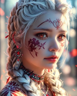 (masterpiece, realistic:1.5), 1girl,solo,long hair,looking at viewer,red eyes,jewelry,closed mouth,braid,white hair,earrings,necklace,lips,tattoo,makeup,glowing,heterochromia,lipstick,portrait,colored sclera,freckles,realistic,red lips
