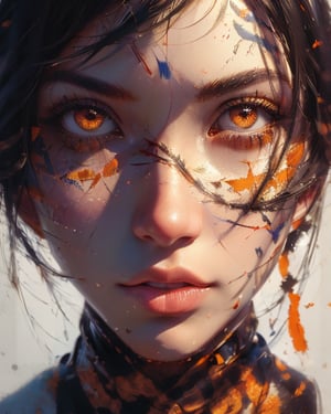 (masterpiece, realistic:1.5), 1girl,solo,looking at viewer,black hair,orange eyes,close-up,abstract,eye focus
