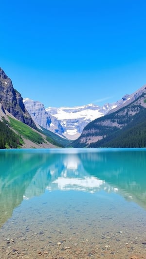 This is a high-resolution photograph capturing a serene, reflective lake nestled within a majestic mountain range. The image is taken from a vantage point near the water’s edge, with the lake occupying the lower third of the frame. The water is exceptionally clear, revealing the sandy and rocky bottom, creating a mirror-like surface that perfectly reflects the surrounding landscape. The mountains in the background are rugged and imposing, their jagged peaks capped with patches of snow, indicating a high elevation. The range stretches across the entire width of the image, with the middle peaks slightly higher and more prominent than the ones on either side. The sky above is a vivid, cloudless blue, enhancing the sense of purity and clarity in the scene. The foreground is devoid of any human-made objects, emphasizing the untouched natural beauty of the location. The overall mood of the photograph is tranquil and awe-inspiring, capturing the raw, untouched beauty of nature in a pristine, untouched state.
