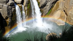 This is a high-resolution photograph capturing a stunning natural scene. The focal point is a powerful waterfall cascading down a rugged cliff face, creating a misty spray that adds to the dynamic atmosphere. The water flows from the top of the image, splashing onto a pool of water below, which is a deep, rich green. The waterfall is framed by large, smooth, and slightly weathered rocks of varying sizes, with some displaying patches of moss and lichen, indicating a humid environment.

In the background, the cliff face is a mix of light and dark grey tones, with hints of green moss and algae. The sunlight illuminates the scene, casting a soft, natural light that highlights the textures and details of the rocks and water. A vibrant rainbow arches from the upper left corner to the lower right, adding a touch of magic and color to the otherwise earthy tones of the photograph.

The foreground includes some tall, dark green grasses and plants, which add depth and contrast to the scene. The overall composition is rich in texture and color, with a harmonious blend of natural elements that evoke a sense of tranquility and awe.
