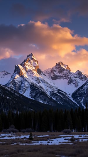 This is a high-resolution photograph capturing a stunning winter landscape of the Teton Range in Wyoming, USA. The image is taken during sunrise, with the sun casting a warm, golden light that illuminates the snow-covered mountains. The jagged peaks of the Teton Range, including the iconic Grand Teton, dominate the background. The snow-capped mountains display a mix of light and dark shadows, accentuating their rugged texture and the depth of the valleys.

In the midground, a dense forest of evergreen trees is visible, their dark green needles contrasting sharply with the white snow. The forest stretches across the lower portion of the image, extending towards the foreground where patches of snow are interspersed with grassy areas.

The sky is a dramatic mix of colors, with deep blues and purples transitioning to oranges and yellows near the horizon. Wispy clouds are scattered, reflecting the light from the rising sun.

The overall composition of the photograph is balanced, with the mountains forming a dramatic backdrop, the forest providing a natural border, and the foreground offering a sense of depth and scale. The image captures the serene beauty of winter in the mountains, with a mix of natural elements and the awe-inspiring grandeur of the Teton Range.
