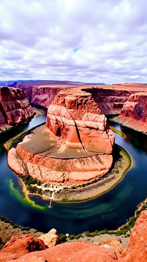 This is a high-resolution photograph of the iconic Horseshoe Bend, a natural rock formation located in the Grand Canyon in Arizona, USA. The image captures the breathtaking curvature of the Colorado River as it flows through the canyon, creating a distinctive horseshoe shape. The river is deep blue, contrasting sharply against the reddish-brown sandstone cliffs that surround it. These cliffs are rugged and steep, with visible layers of sedimentary rock, showcasing the geological history of the area. The sky above is partly cloudy, with patches of blue sky peeking through, casting soft shadows on the canyon walls. The photograph is taken from a high vantage point, likely from a nearby cliff or overlook, providing a panoramic view of the entire bend. The lighting is natural, suggesting the photo was taken during daylight hours. The texture of the rock formations is rough and craggy, while the river water appears smooth and reflective. The overall composition emphasizes the grandeur and scale of the natural wonder, capturing the essence of the American Southwest landscape.
