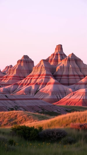 This is a high-resolution photograph capturing a stunning landscape of Badlands National Park in South Dakota. The image showcases the rugged and colorful terrain of the Badlands, characterized by its layered sedimentary rock formations. The foreground features rolling hills and low-lying vegetation, predominantly grasses with patches of greenery and small yellow wildflowers scattered throughout. The midground reveals larger, more pronounced hills and buttes with distinct layers of earth in shades of pink, red, and brown, created by the erosion of the sedimentary rocks.

In the background, the Badlands' iconic steep, jagged peaks rise majestically against the horizon, bathed in the soft light of either sunrise or sunset, casting a warm, golden glow over the entire scene. The sky is clear, with a gradient of pale blue transitioning into a soft pink hue as it meets the horizon, adding a serene and ethereal quality to the landscape. The photograph captures the immense scale and raw beauty of the Badlands, emphasizing the geological formations and the delicate balance between the natural elements. The textures in the image range from the smooth, undulating hills to the rough, striated rock faces, highlighting the diversity and complexity of the terrain.
