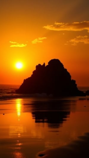 This is a photograph capturing a serene beach scene at sunset. The sun is positioned near the horizon, casting a warm, golden glow across the sky and reflecting on the calm, dark water below. The sky transitions from deep orange near the sun to a lighter yellow further away, with wispy clouds adding texture. In the center of the image, there is a large, jagged rock formation silhouetted against the colorful sky. The rock is dark and rough, with small indentations and protrusions visible. The water around the rock is still, mirroring the sky and creating a reflective surface that enhances the image's symmetry. The beach itself is unoccupied, adding to the tranquil ambiance. The overall mood of the photograph is peaceful and reflective, emphasizing the natural beauty of the coastline and the interplay of light and shadow. The photograph's composition and use of natural light create a visually striking and emotionally evocative image.
