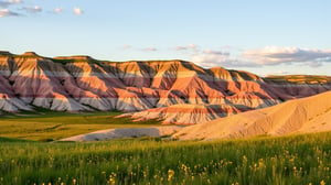 This is a high-resolution photograph capturing a stunning landscape of Badlands National Park in South Dakota. The image showcases the rugged and colorful terrain of the Badlands, characterized by its layered sedimentary rock formations. The foreground features rolling hills and low-lying vegetation, predominantly grasses with patches of greenery and small yellow wildflowers scattered throughout. The midground reveals larger, more pronounced hills and buttes with distinct layers of earth in shades of pink, red, and brown, created by the erosion of the sedimentary rocks.

This is a high-resolution photograph capturing a serene landscape during what appears to be early morning or late afternoon. The scene features a vast, undulating terrain with rolling hills and gentle valleys, all bathed in soft, golden sunlight. The hills are composed of layers of reddish-brown and beige earth, with patches of green vegetation scattered across their slopes. In the foreground, a lush meadow of green grass and wildflowers, predominantly yellow, stretches across the lower portion of the image, creating a vibrant contrast against the earthy tones of the hills. The sky above is clear with a few scattered clouds, and the sunlight casts a warm, gentle glow on the landscape, enhancing the natural colors and textures. The image is devoid of human presence or man-made structures, emphasizing the untouched beauty and tranquility of the natural environment. The photograph's composition and lighting highlight the serene and picturesque qualities of the scene, inviting a sense of calm and connection with nature.
