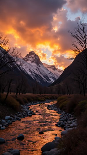 This is a high-resolution photograph capturing a breathtaking landscape during sunset. The scene is dominated by a rugged mountain range with jagged peaks dusted with snow, bathed in the warm, golden light of the setting sun. The mountains are framed by a dramatic sky filled with swirling, moody clouds in shades of gray and orange, hinting at an impending storm.

In the foreground, a winding river flows through the valley, its surface rippling and reflecting the golden hues of the setting sun. The riverbed is strewn with smooth, rounded rocks of various sizes, adding texture and depth to the scene. On either side of the river, sparse vegetation consists of leafless trees and shrubs, their branches bare and silhouetted against the glowing sky. The ground is a mix of rocky terrain and patches of earthy brown and green vegetation, suggesting a dry, arid climate.

The overall color palette of the image is rich and varied, with the warm, golden tones of the sunset contrasting sharply with the cool, muted colors of the mountains and the dark, moody sky. The photograph captures the raw beauty and tranquility of a natural landscape at dusk, emphasizing the interplay of light and shadow.
